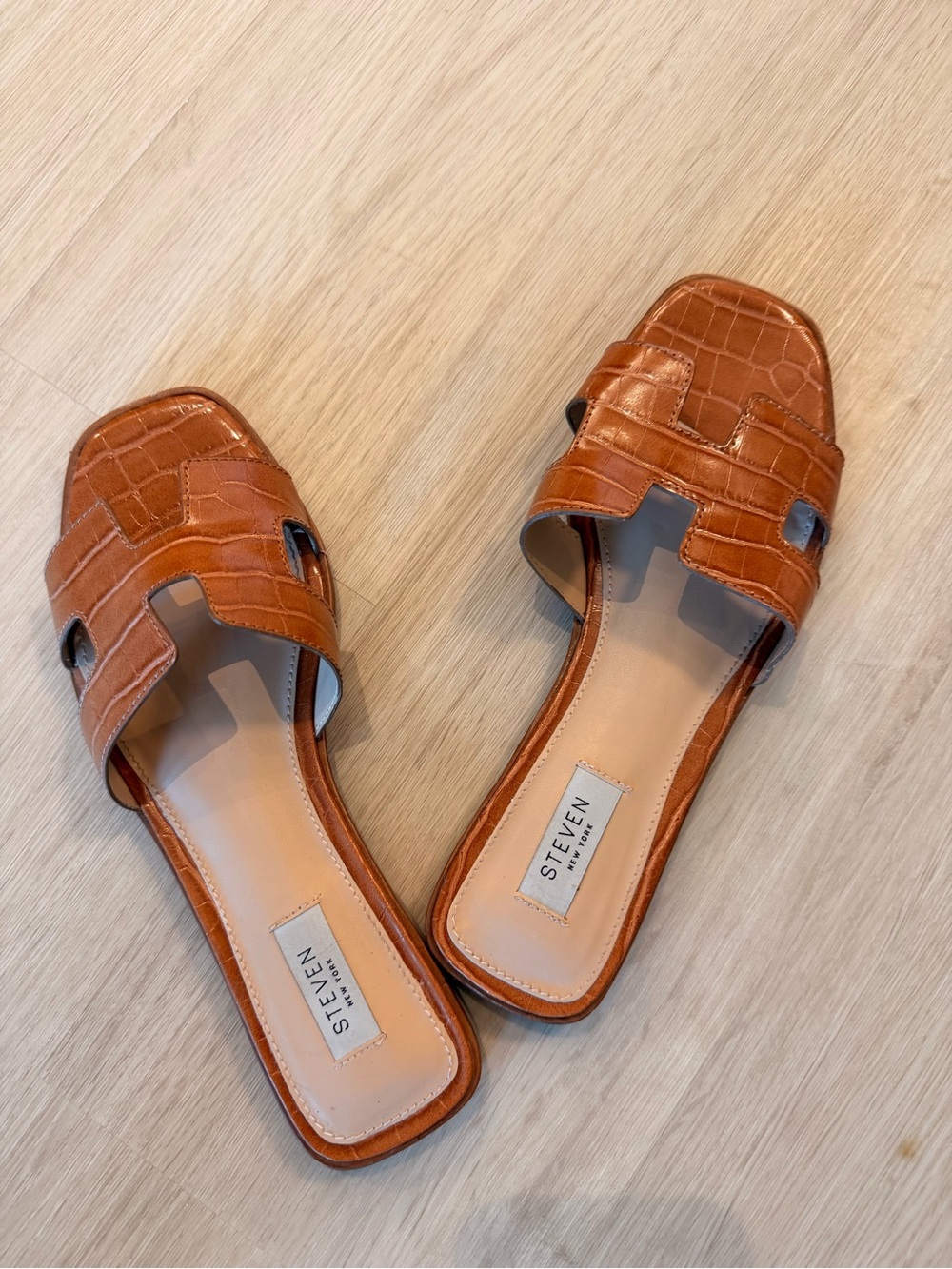 Steven Croc-Embossed Tan Slide Mules